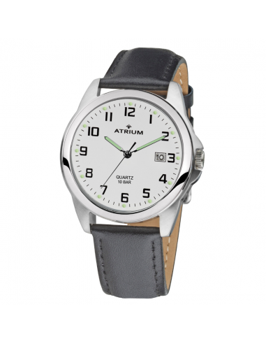 ATRIUM Horloge - Heren - Leer Zwart - Wijzerblad Wit - Datum - Edelstaal - 10 bar - A16-10