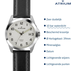 ATRIUM Horloge - Heren - Edelstaal - 10 Bar - Analoog - Zwart Leren Bandje - Wit Wijzerblad - Datum