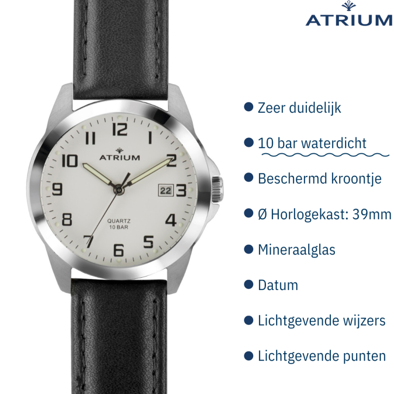ATRIUM Watch - Men - Stainless Steel - 10 Bar - Analogue - Black Leather Strap - White Dial - Date