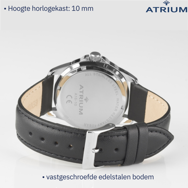 ATRIUM Horloge - Heren - Edelstaal - 10 Bar - Analoog - Zwart Leren Bandje - Wit Wijzerblad - Datum