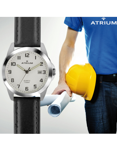 ATRIUM Horloge - Heren - Leer Zwart - Wijzerblad Wit - Datum - Edelstaal - 10 bar - A16-10