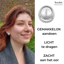 Traveller Clip Oorbellen - Zilverkleurig - Parels - 10 mm - Wit - Preciosa Kristallen - Geplatineerd - 15x12 mm - 114240