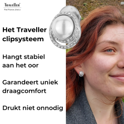 Traveller Clip Oorbellen - Zilverkleurig - Parels - 10 mm - Wit - Preciosa Kristallen - Geplatineerd - 15x12 mm