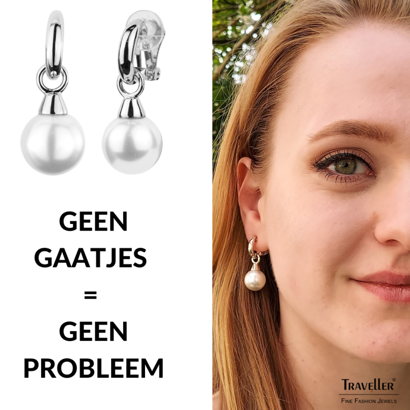 Traveller Clip Oorbellen - Hangers - Zilverkleurig - Parels - 14 mm - Wit - Geplatineerd - 35x15mm