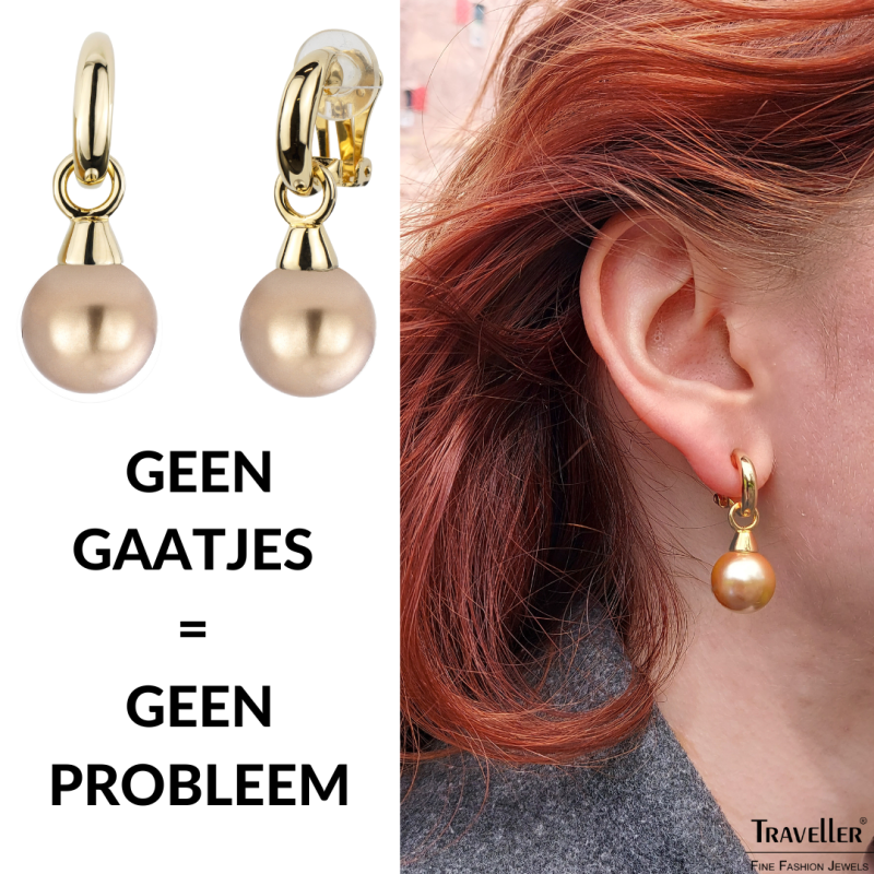 Traveller Clip Oorbellen - Hangers - Verguld - Parels- 14mm - Brons - 35x15mm - 114246