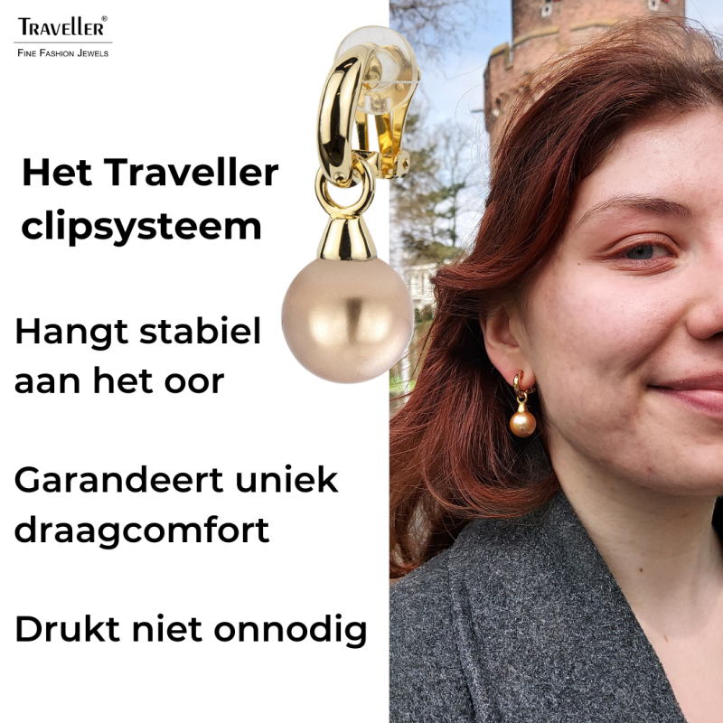 Traveller Clip Oorbellen - Hangers - Verguld - Parels- 14mm - Brons - 35x15mm - 114246