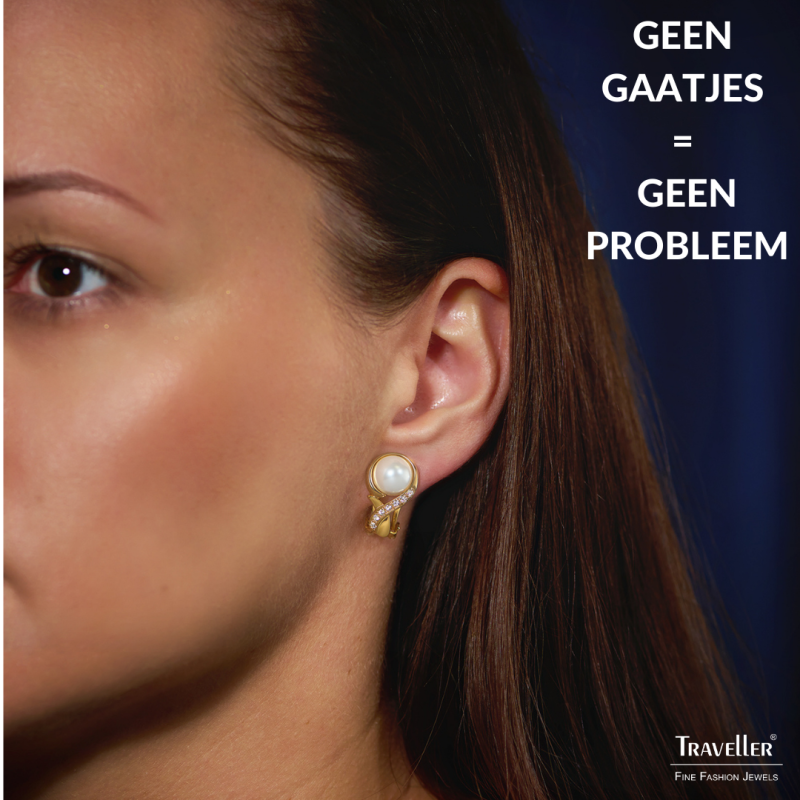 Traveller Clip Oorbellen - Verguld - Parels - 10 mm - Wit - Kristallen - 21x13 mm