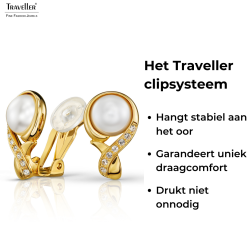 Traveller Clip Oorbellen - Verguld - Parels - 10 mm - Wit - Kristallen - 21x13 mm