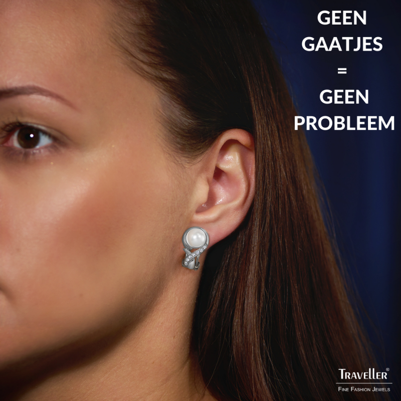 Traveller Clip Oorbellen - Zilverkleurig - Parels - 10mm - Wit - Kristallen - Geplatineerd - 21x13mm - 114266