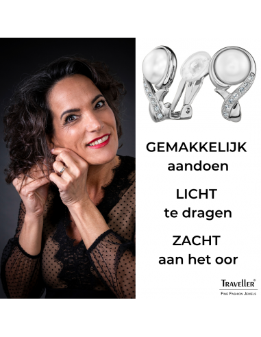 Traveller Clip Oorbellen - Zilverkleurig - Parels - 10mm - Wit - Kristallen - Geplatineerd - 21x13mm - 114266