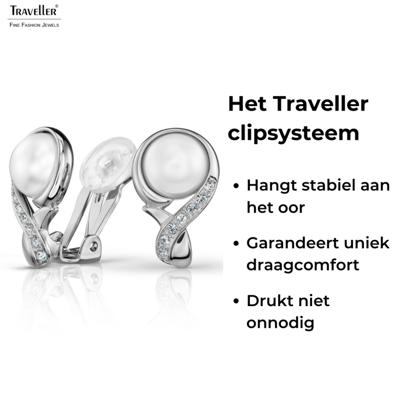Traveller Clip Oorbellen - Zilverkleurig - Parels - 10mm - Wit - Kristallen - Geplatineerd - 21x13mm - 114266