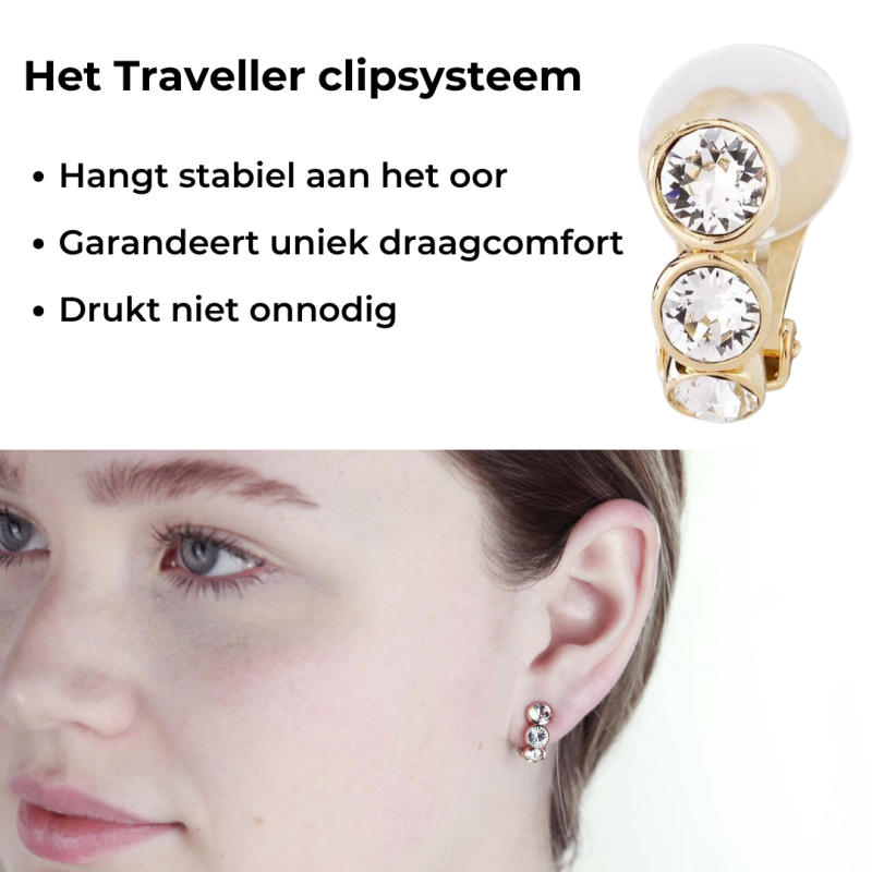 Traveller Clip Oorbellen - Goudkleurig - Kristallen - Verguld - 14x6 mm