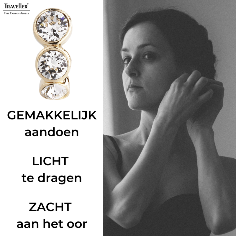 Traveller Clip Oorbellen - Goudkleurig - Kristallen - Verguld - 14x6 mm - 155804