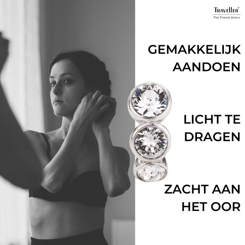 Traveller Clip Oorbellen - Geplatineerd - Preciosa Kristallen - Zilverkleurig - 14x6 mm - 155805