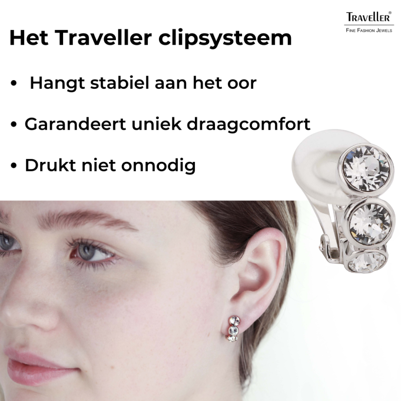 Traveller Clip Oorbellen - Geplatineerd - Preciosa Kristallen - Zilverkleurig - 14x6 mm