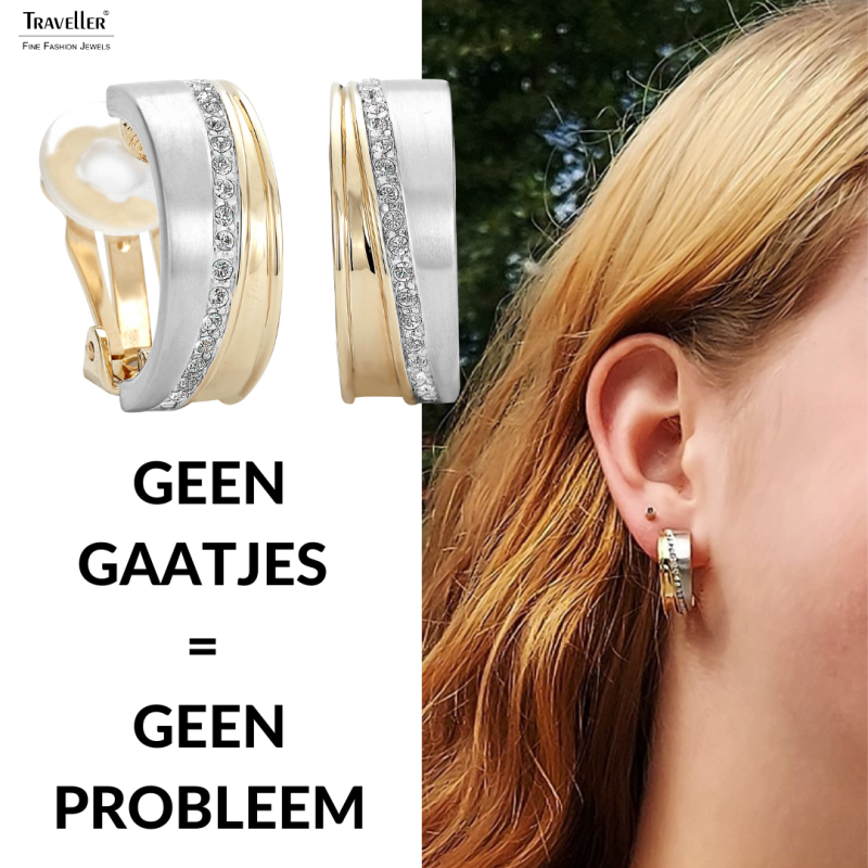Traveller Clip Oorbellen - Bicolor - Preciosa Kristallen - Mat/ Glans - 22kt Verguld & Geplatineerd - 22x8 mm - 156959