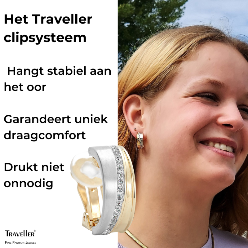 Traveller Clip Oorbellen - Bicolor - Preciosa Kristallen - Mat/ Glans - 22kt Verguld & Geplatineerd - 22x8 mm - 156959