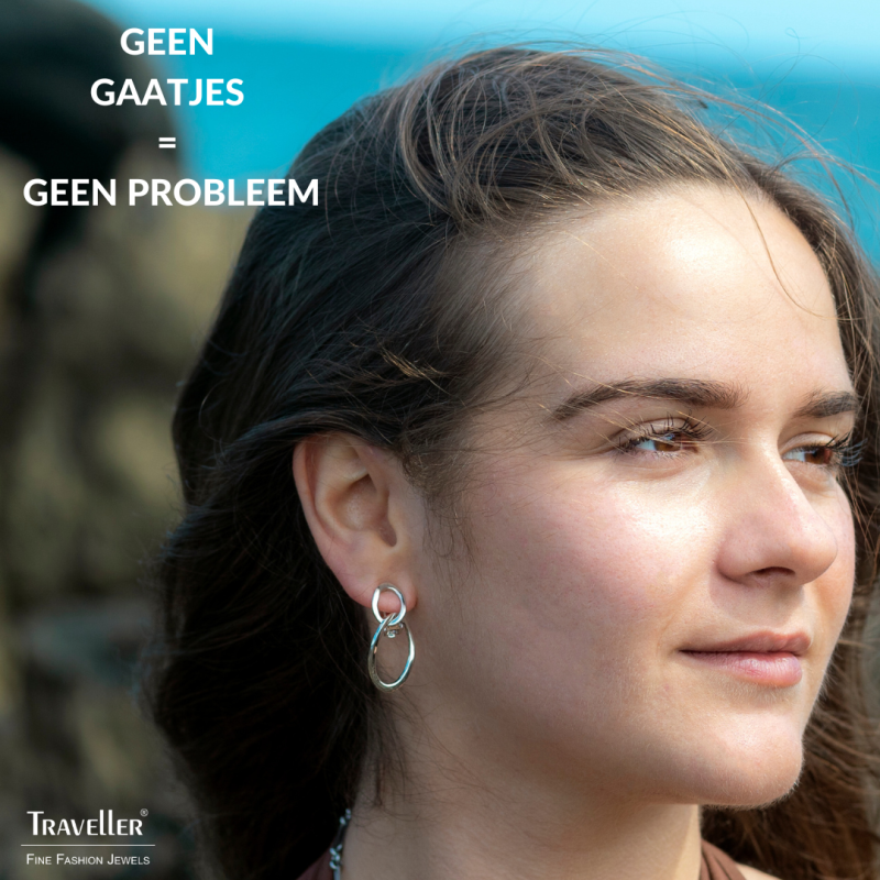 Traveller Clip Oorbellen - Hangers - Geplatineerd - Dubbel Ovaal - Zilverkleurig - 33 x 13 mm