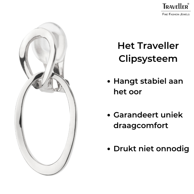 Traveller Clip Oorbellen - Hangers - Geplatineerd - Dubbel Ovaal - Zilverkleurig - 33 x 13 mm