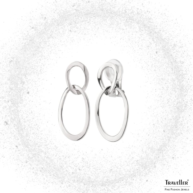 Traveller Clip-on Earrings - Drop Earrings - Platinum plated - Double Hoop - Silver-coloured- 33 x 14 mm