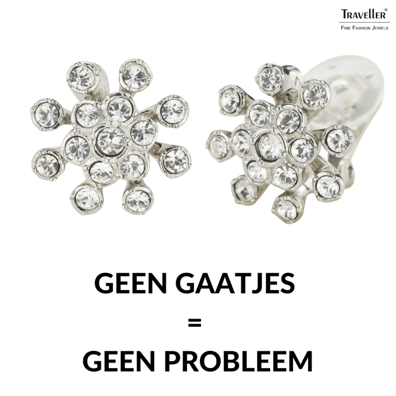 Traveller Clip Oorbellen - Zilverkleurig - Kristallen - Geplatineerd - Bloem - 17mm - 157546