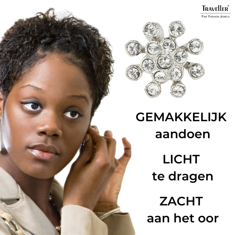 Traveller Clip Oorbellen - Zilverkleurig - Kristallen - Geplatineerd - Bloem - 17mm - 157546