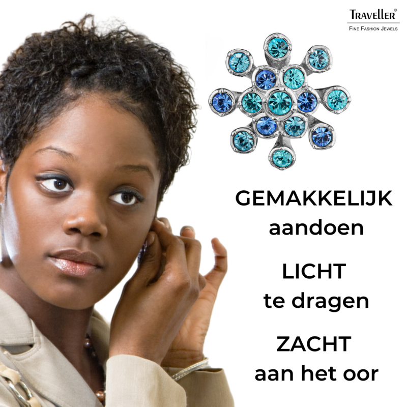 Traveller Clip Oorbellen - Zilverkleurig - Kristallen - Blauw - Bloem - Geplatineerd - 17 mm