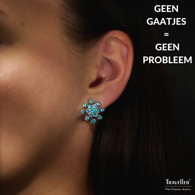 Traveller Clip Oorbellen - Zilverkleurig - Kristallen - Blauw - Bloem - Geplatineerd - 17 mm - 157547