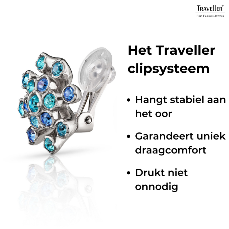Traveller Clip Oorbellen - Zilverkleurig - Kristallen - Blauw - Bloem - Geplatineerd - 17 mm - 157547