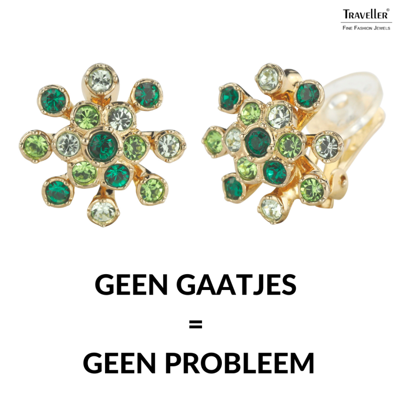 Traveller Clip Oorbellen - Verguld - Kristallen - Groen - Bloem - 17 mm - 157548