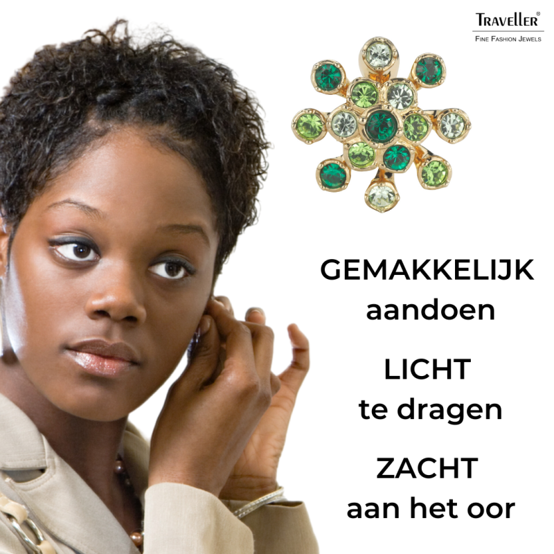 Traveller Statement Oorbellen - Verguld - Kristallen - Groen - Bloem - 17 mm