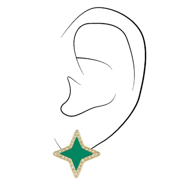 Traveller Ohrclip - Stern - Kristalle - Grün Emaille - Vergoldet - 20x20mm