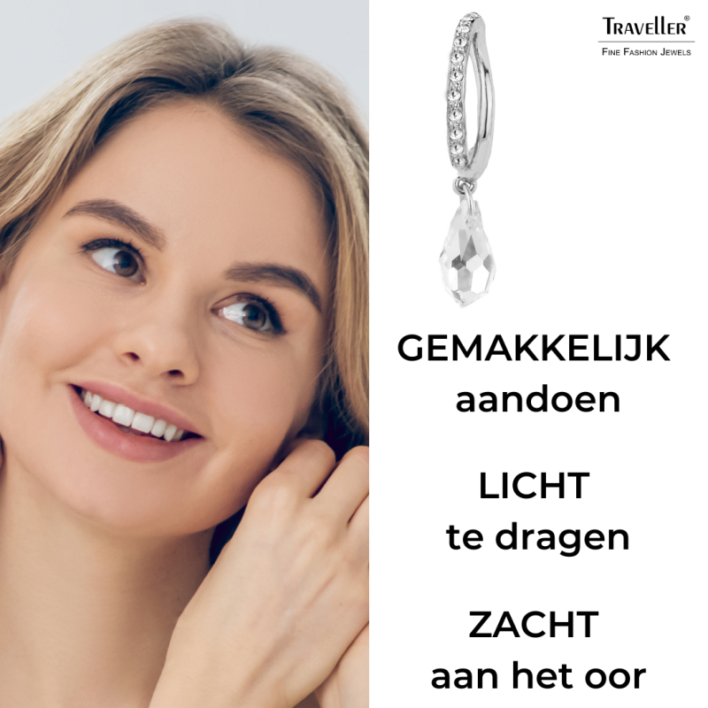 Traveller Clip Oorbellen - Hangers - Zilverkleurig - Kristallen - Druppelvorm - Geplatineerd - 30x5mm - 157566
