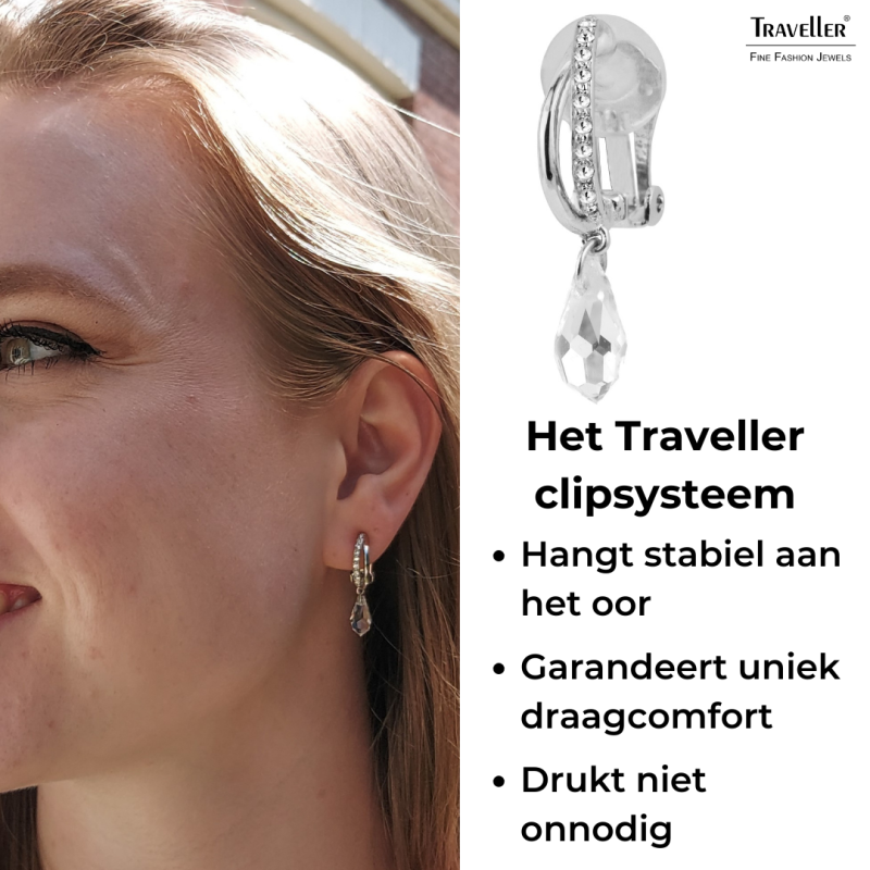 Traveller Clip Oorbellen - Hangers - Zilverkleurig - Kristallen - Druppelvorm - Geplatineerd - 30x5mm