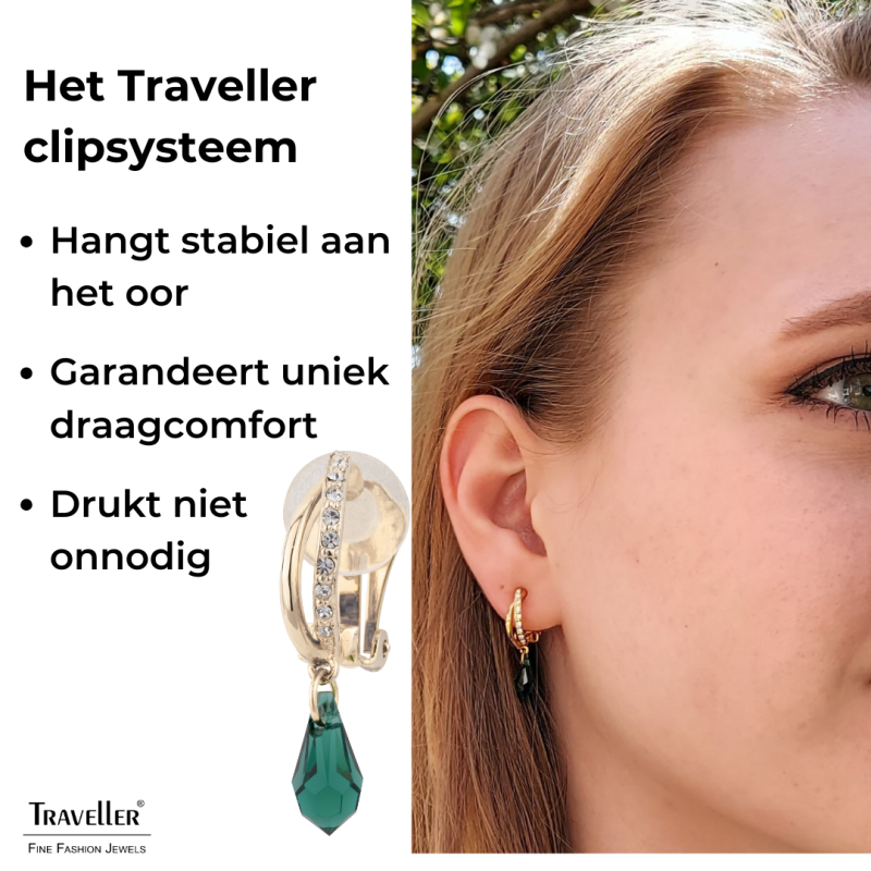Traveller Clip Oorbellen - Hangers - Verguld - Kristallen - Druppelvorm - Groen - 30x5 mm