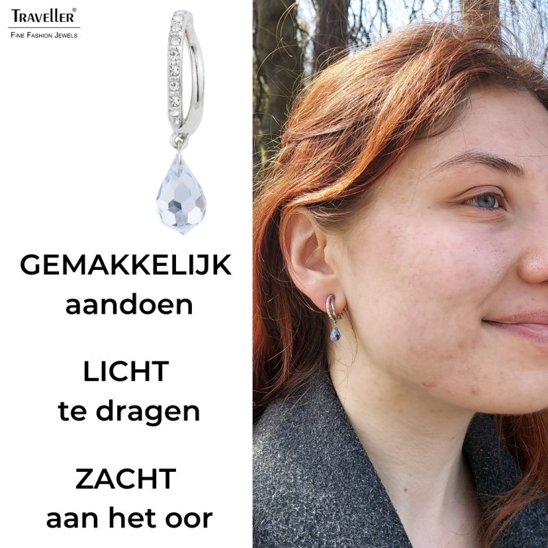 Traveller Clip Oorbellen - Hangers - Geplatineerd - Kristallen - Druppelvorm - Licht Blauw / Saffier - 30x5mm