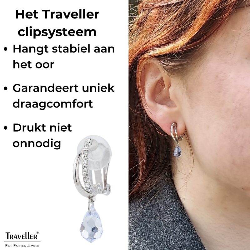 Traveller Clip Oorbellen - Hangers - Geplatineerd - Kristallen - Druppelvorm - Licht Blauw / Saffier - 30x5mm - 157570