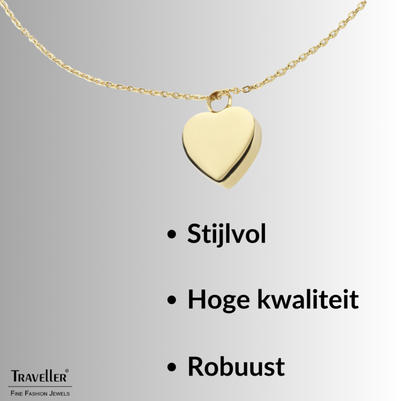 Traveller Ketting met Urnhanger - Askoker - 2x2cm - Goudkleurig - Hart - Edelstaal - 45-50cm - 181174