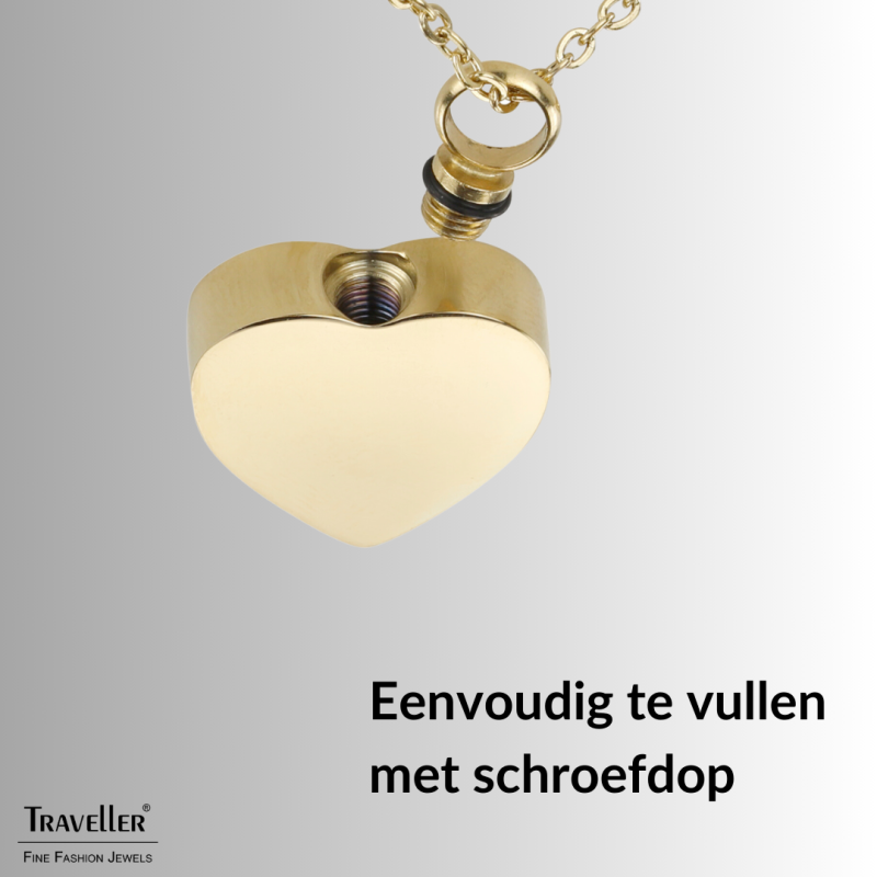 Traveller Necklace with Urn Pendant - Ash Pendant - 2x2cm- Gold Plated - Heart - Stainless Steel - 45-50cm - 181174