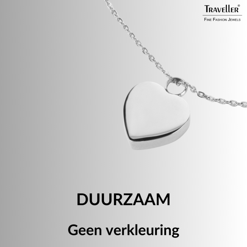 Traveller Dames Ketting met Urnhanger - Askoker - 2x2cm - Zilverkleurig - Hart - Edelstaal - 45-50cm