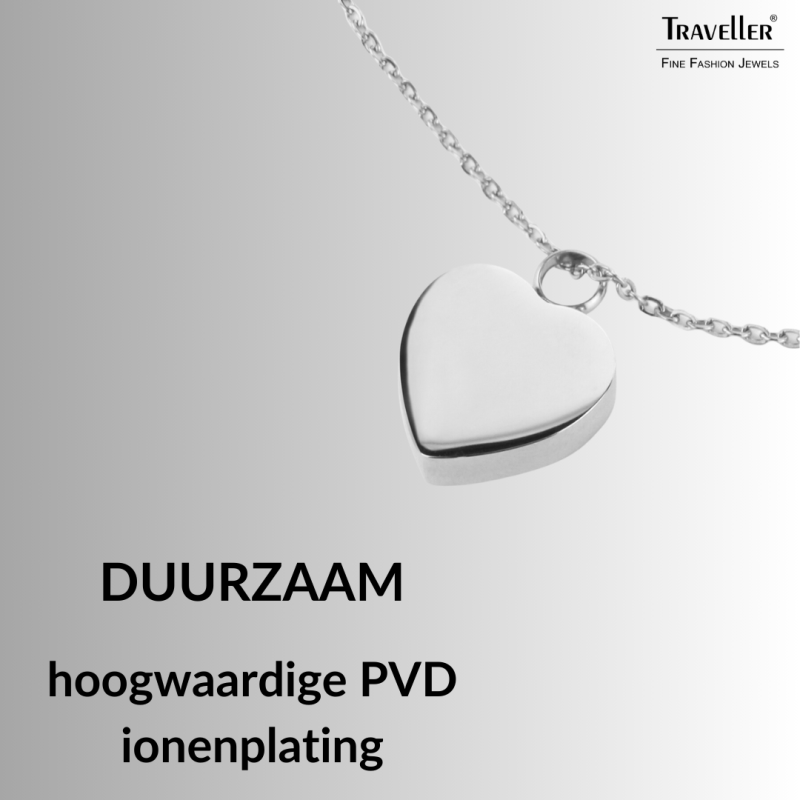 Traveller Ketting met Urnhanger - Askoker - 2x2cm - Zilverkleurig - Hart - Edelstaal - 45-50cm - 181175