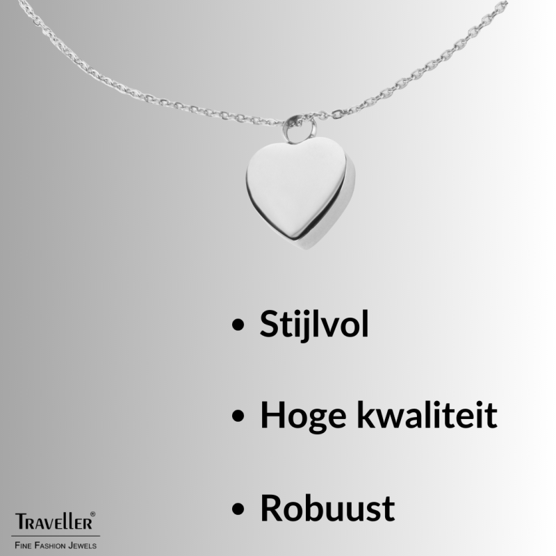 Traveller Ketting met Urnhanger - Askoker - 2x2cm - Zilverkleurig - Hart - Edelstaal - 45-50cm