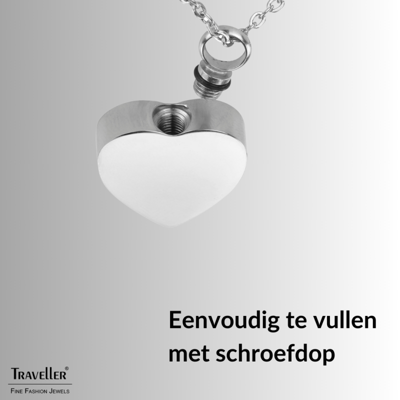 Traveller Ketting met Urnhanger - Askoker - 2x2cm - Zilverkleurig - Hart - Edelstaal - 45-50cm
