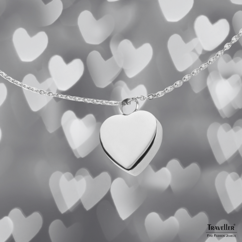 Traveller Necklace with Urn Pendant - Ash Pendant - 2x2cm - Silver Coloured - Heart - Stainless Steel - 45-50cm