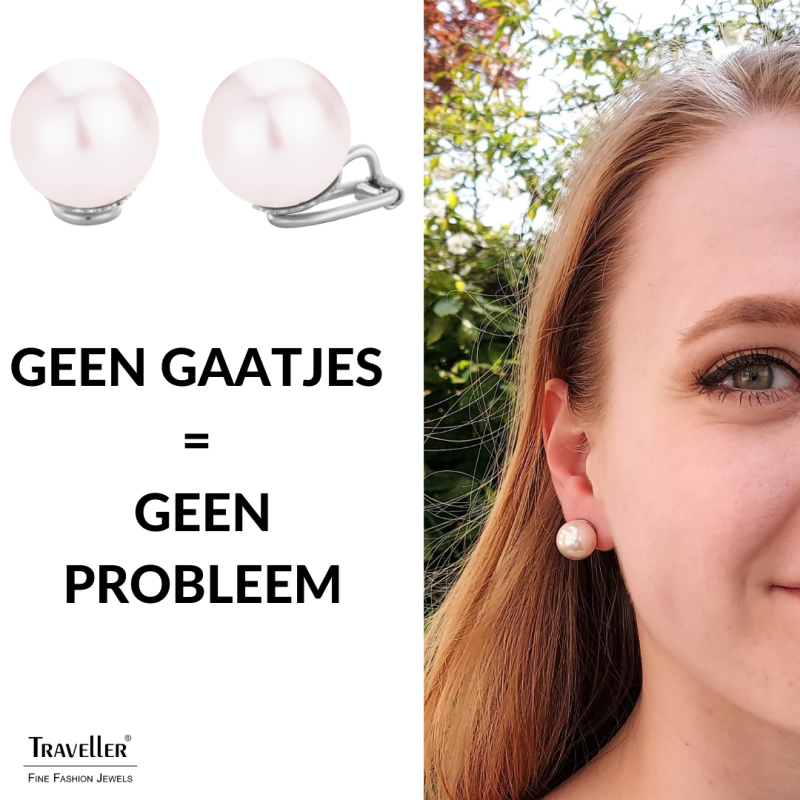 Traveller Clip Oorbellen - Zilverkleurig - Parels - 14 mm - Licht Roze - Geplatineerd - 702114