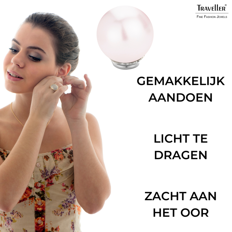 Traveller Clip Oorbellen - Zilverkleurig - Parels - 14 mm - Licht Roze - Geplatineerd