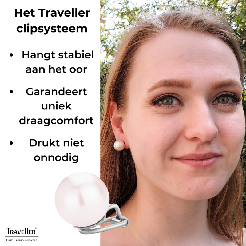 Traveller Clip Oorbellen - Zilverkleurig - Parels - 14 mm - Licht Roze - Geplatineerd