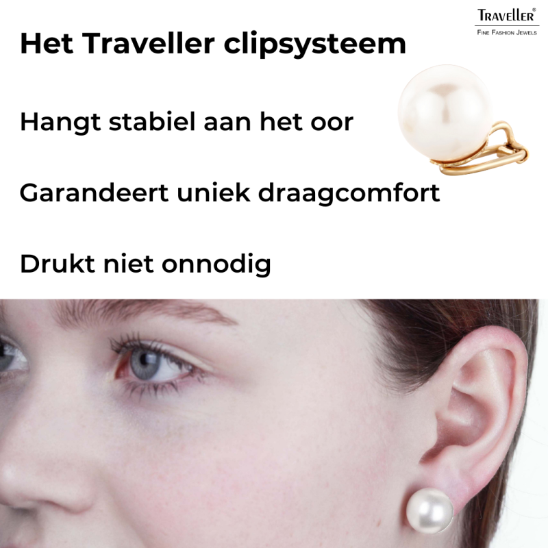 Traveller Clip Oorbellen - Parels - 14 mm - Wit - 22ct Verguld - Goudkleurig
