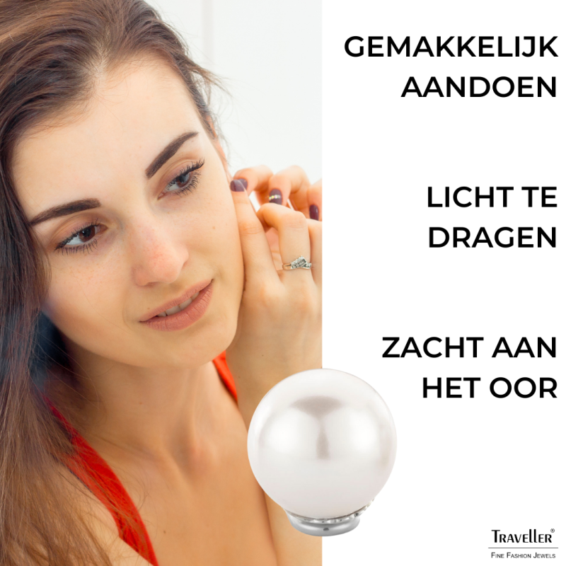 Traveller Clip Oorbellen - Parels - 14 mm - Wit - Geplatineerd - Zilverkleurig