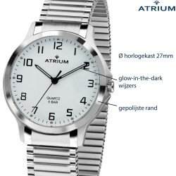 ATRIUM Horloge - Dames - Edelstaal - Flexibele Rekband (19,5cm) - 5 Bar - Wit Wijzerblad